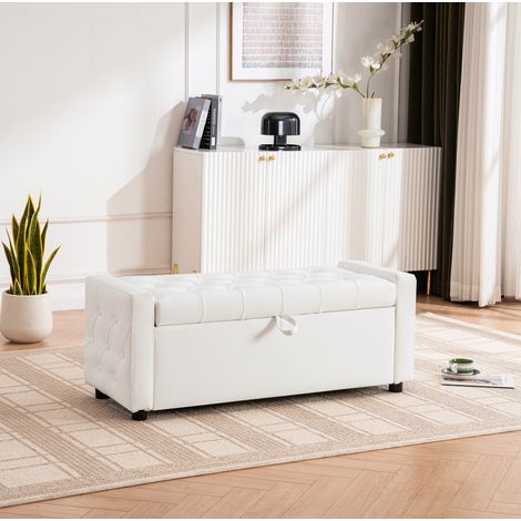 Banquette coffre 122x45x47 cm en bois et tissu blanc, rangement intégré, pour entrée – MEUBLIV (1/5)