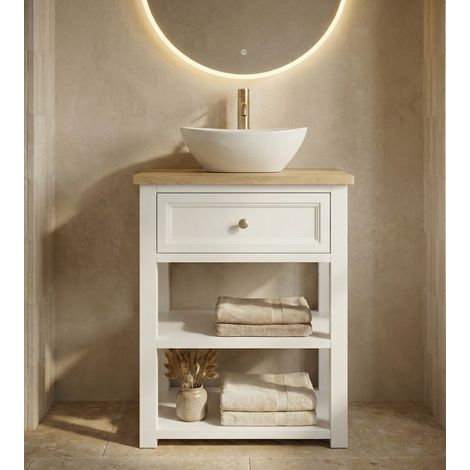 Meuble sous‑vasque BALI 60 cm Suspendu, Meuble de salle de bain laqué Blanc Mat, plan couleur chêne avec éclairage LED, tiroir à fermeture amortie, armoire de rangement pour salle de bain (1/5)