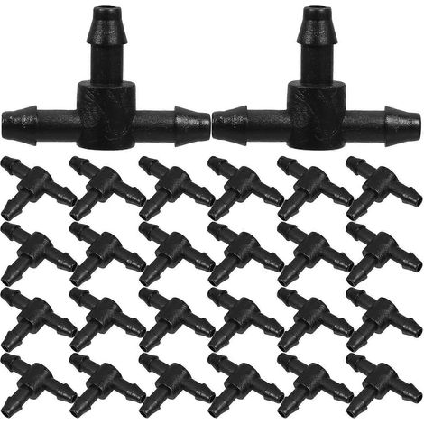 Lot de 100 raccords en T pour système d'irrigation goutte à goutte, en ABS, avec embouts cannelés, pour système d'arrosage automatique de jardin (noir). (1/3)