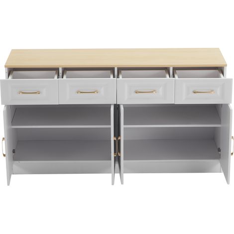 ELVMI Aparador con 4 Puertas, 4 Cajones y 2 Estantes Regulables, 140 x 40 x 75 cm, Blanco y Roble (1/5)