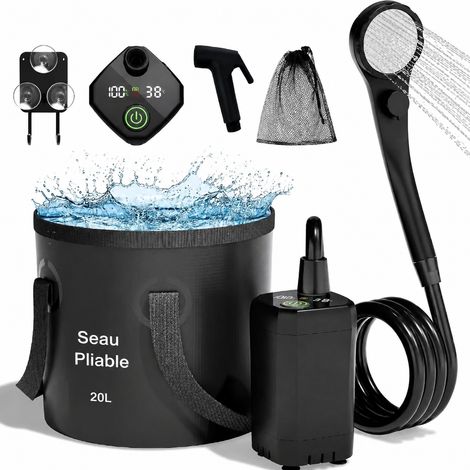 Douche de camping électrique portable 6000mAh noire avec seau et pistolet 6000ma noir 31 × 16 × 9,8 cm 1,3 kg – Livraison gratuite