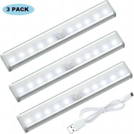 -Lot de 3 Lampes LED - Noname - Rechargeable USB - Aimanté - Détecteur de Mouvement - Blanc (1/4)