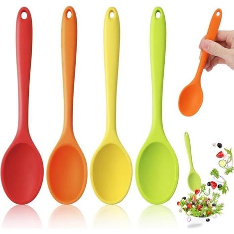 4-teiliges Küchenlöffel-Set aus antihaftbeschichtetem Silikon mit langen Griffen, 20,4 cm lange, mehrfarbige Silikonlöffel, hitzebeständig (1/4)