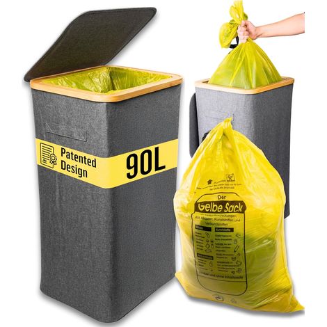 Support pour sacs jaune 90L [avec sac supplémentaire] - Poubelle pour sacs avec couvercle - Système de poubelle pour la cuisine et la maison - Déchets et Recyclage - Gris (1/5)