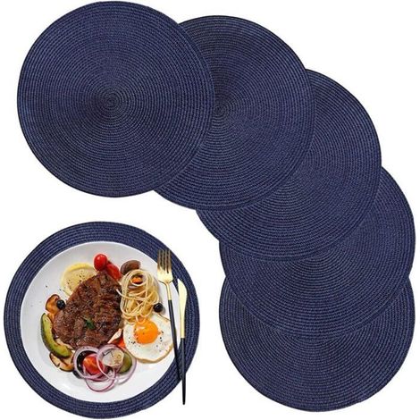 6 manteles individuales redondos de 38 cm (15 pulgadas), fabricados en polipropileno lavable, ideales para cocinas, fiestas y bodas, de color azul. (1/4)