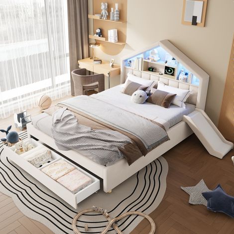 Lit enfant 140/200 cm beige en velours avec toboggan réversible, LED et tiroir de rangement (1/5)