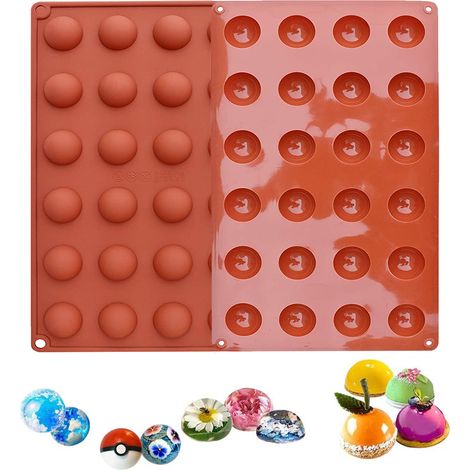 Juego de 2 moldes de silicona con 24 cavidades hemisféricas, flexibles y antiadherentes, ideales para chocolate, pasteles y repostería. (1/5)