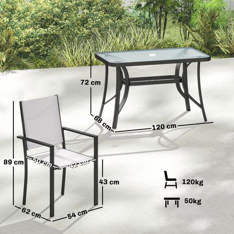 Un ensemble de jardin 5 pièces (gris clair) comprenant quatre chaises empilables et une table en verre trempé avec des trous pour un parasol. (1/5)