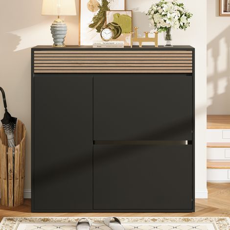 Schuhschrank 100 x 35 x 105 cm mit 2 Klappen, 1 Tür, 1 Schublade, schwarz und natur, OKMYHOME (1/5)