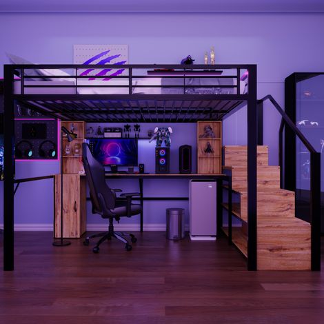 Lit superposé métal 140x200 cm structure fer stable, bureau pratique étagères armoire escalier rangement charge USB bureau, sans matelas, coloris noir (1/5)
