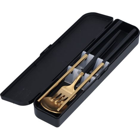 Ensemble de 3 ustensiles de voyage portables en acier inoxydable (cuillère, fourchette et baguettes) pour l'école, noir et or (boîte de rangement noire). (1/5)