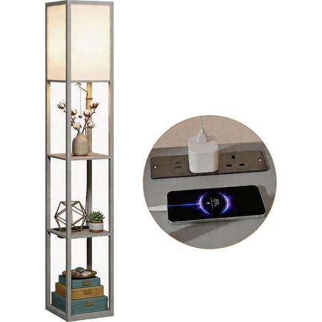 HOMCOM Floor Lamp with 3-Tier Storage Shelf for Home Office, Grey