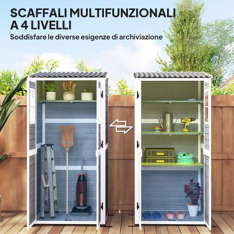 Caseta de jardín de madera de abeto con 2 ventanas y estantes ajustables, con cerradura, techo inclinado para terraza o patio, 91x69x192 cm, gris claro.