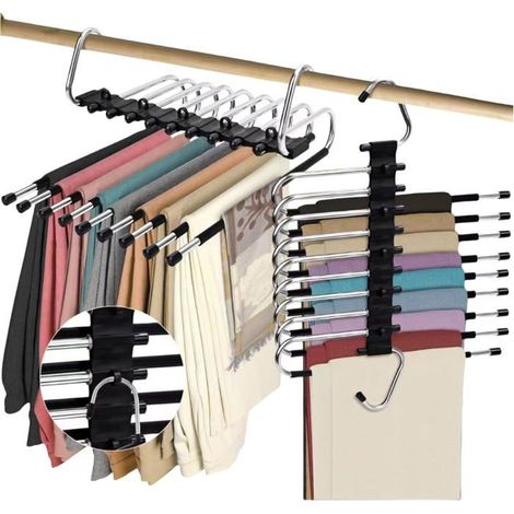 Ecleanfy - Ensemble de deux cintres pliables à neuf niveaux - gain de place - multifonctionnel - avec trous de suspension pour placards (noir) (1/5)
