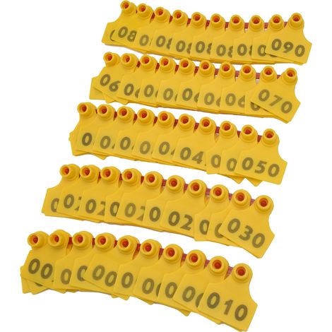 100 boucles auriculaires TPU numérotées 001-100 pour bovins porcins, étiquettes d'identification vache, accessoire élevage agricole, jaune (1/5)