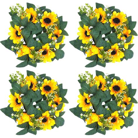 Couronne de tournesol artificielle x4, décoration florale pour bougeoir, ornement mural et de table, style champêtre élégant (1/5)
