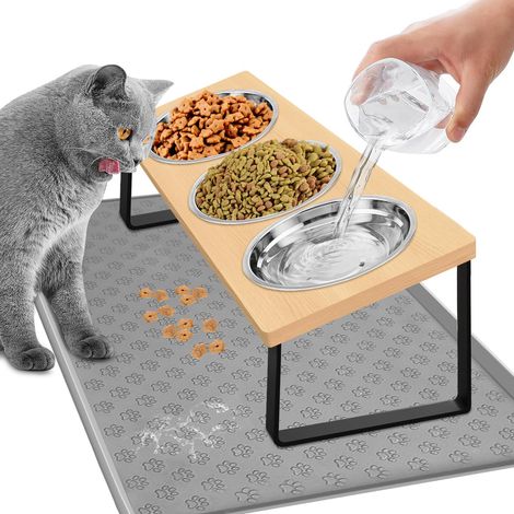 1 Gamelle Chat 3 En 1,Acier Inoxydable,Bambou Naturel,Support Incliné,Chien Petit Moyen