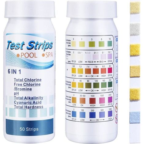 Bandelettes de test pour piscine et spa 6 en 1, 100 bandelettes pour tester le chlore, le brome, le pH, l'alcalinité, l'acide cyanurique et la dureté (1/4)