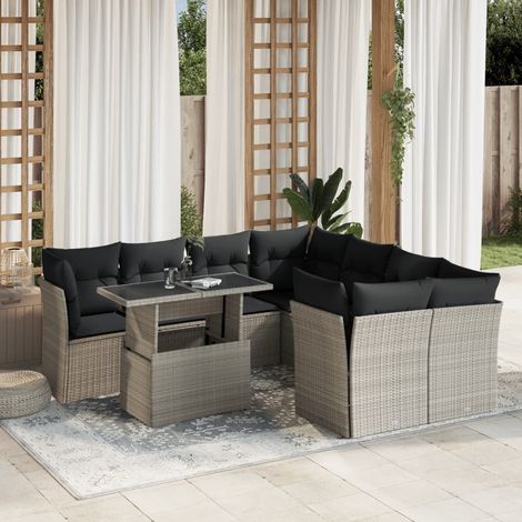 Set muebles jardín 9 pzas y cojines ratán sintético gris claro vidaXL (1/5)