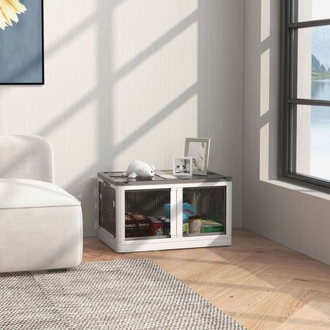 Coffre de rangement empilable 69 L avec coussins, à roulettes, pliable, 5 accès, blanc – pour salon, chambre, bureau (1/4)