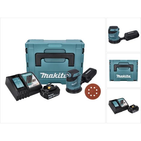 Makita DBO 180 RT1J Akku Exzenterschleifer 18 V 125 mm + 1x Akku 5,0 Ah + Ladegerät + 50x Schleifpapier K 320 + Makpac