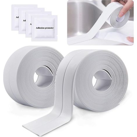Ruban d'étanchéité adhésif imperméable PVC (blanc), 2 rouleaux pour mur, douche, WC, cuisine et salle de bain, joint auto-collant résistant à l'humidité. (1/5)