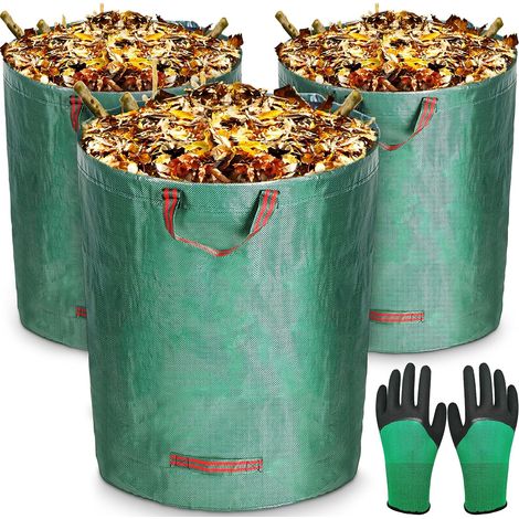 Bolsas de jardín de 3 x 300 l, bolsas para residuos de jardín fabricadas en polipropileno (PP) extremadamente resistente, plegables y reutilizables, bolsas grandes impermeables con asas, bolsas para r