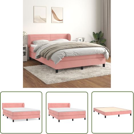 The Living Store Sommier à lattes de lit avec matelas Rose 140x190 cm Velours - Lit Double - Lit Rose - Lit Velours - Matelas Ressorts Ensachés - Tête De Lit Ajustable (1/5)