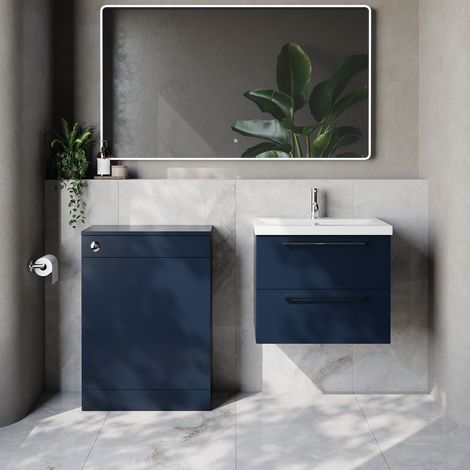 Napoli 390 Cento Deep Blue 1200mm Wall Mounted 2 Drawer Vanity Unit and Toilet Suite with Glide Basin - 1200mm - Chrome 320mm HandleWithout Kingston Toilet Pan