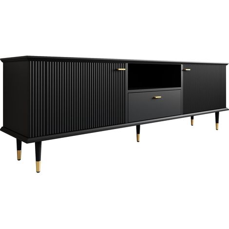 Meuble TV en MDF noir avec rangements, portes et tiroir, pieds métalliques dorés, système Soft-Close (1/5)
