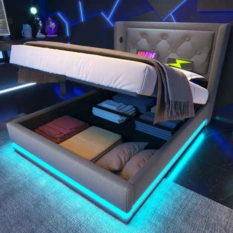 Polsterbett 90x200 grau mit Stauraum und LED-Beleuchtung - Einzelbett mit hydraulischem Bettkasten, USB-Anschluss und gepolstertem Kopfteil (1/5)