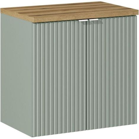 Set da bagno ELVINA 60cm: mobiletto sottolavabo con armadietti verde salvia grigio + piano per lavabo effetto legno scuro