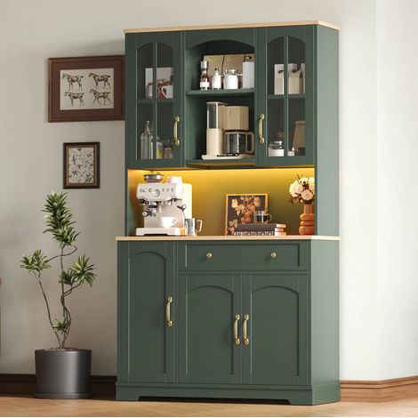 MODFU – Armario alto de cocina 100x38x178 cm de MDF/aglomerado con LED RGB, 2 puertas de vidrio templado, cajón y carga 60 kg – Verde gris (1/5)