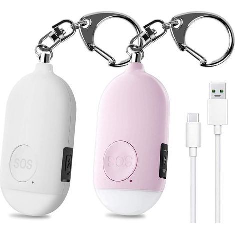 GENERIC-2 Pièces 130 DB Alarme Personnelle d'urgence,Rechargeable Alarme de Sécurité avec LED Lampe de Poche Torche Alarme Anti Agression,pour Femme Enfants Personnes Agées Aventurier - Rose&Blanc (1/5)