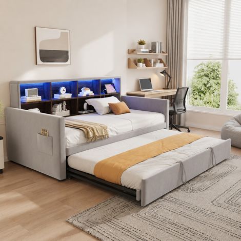 Schlafsofa 90x190 cm hellgrau aus Samt mit ausziehbarem Bett, Kopfteil-Stauraum, LED und Ladeanschlüssen (1/5)