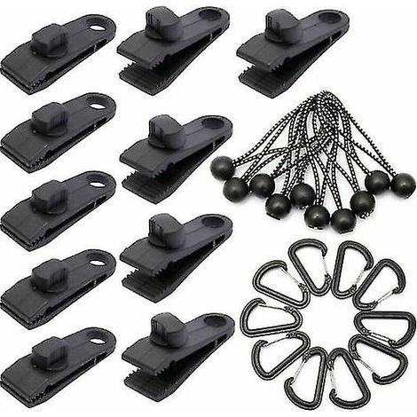 Lot de 10 pinces de fixation robustes avec 10 sangles et mousquetons pour bâche de camping, caravane ou piscine. (1/4)