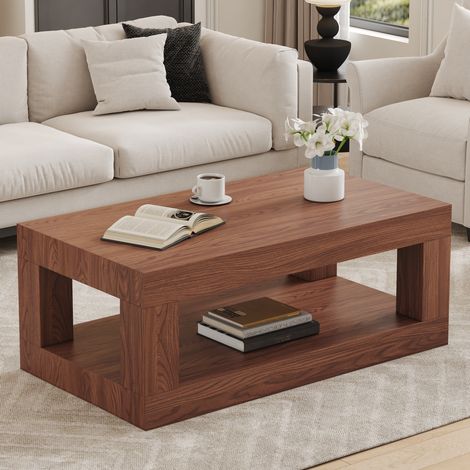 Mesa de centro rectangular moderna de 2 niveles en MDF, acabado nogal, 93x53x46 cm (1/5)
