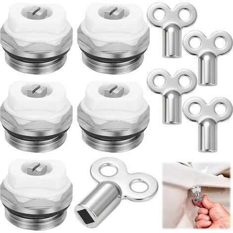 Lot de 5 purgeurs radiateur avec 5 clés de purge, bouchons manuels 1/2" en laiton pour systèmes de chauffage (1/5)