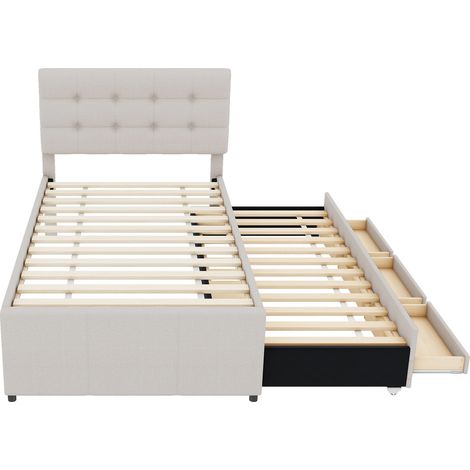 Lit rembourré, 90x200cm(90x190cm), lit familial, lit avec trois tiroirs, lit gigogne escamotable, tête de lit réglable, sans matelas, beige (1/5)