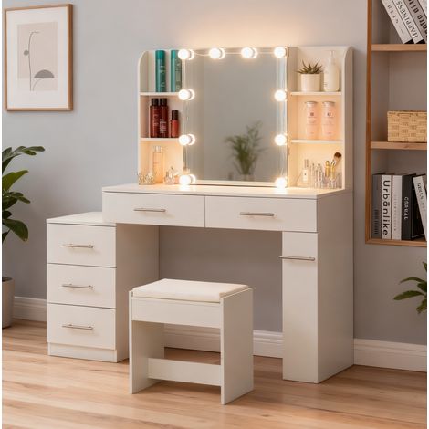 Coiffeuse Blanche 100x40,5x136 cm avec Miroir Coulissant, LED et Rangements, MDF, MEUBLIV (1/5)