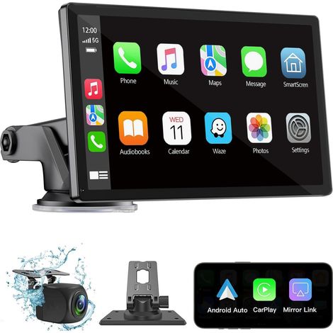 Ecran Carplay Sans Fil - 7 Pouces - Écran Tactile Portable pour Voiture - Compatible CarPlay et Android Auto - Caméra de Recul - Bluetooth - GPS - Entrée AUX - Pour Tous Véhicules