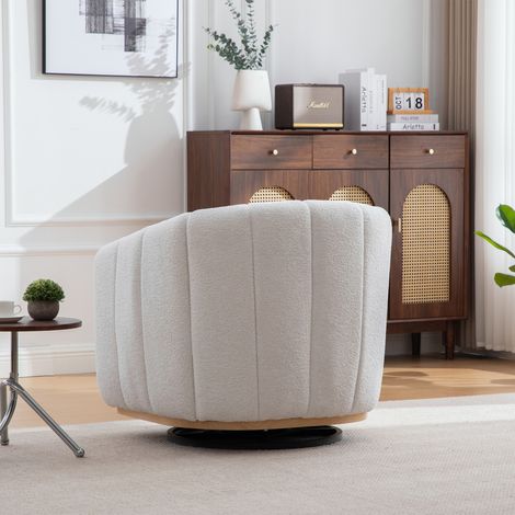 Ottoman chenille ivoire 360° pivotant,fauteuil tonneau à pompons forme citrouille pour salon et chambre