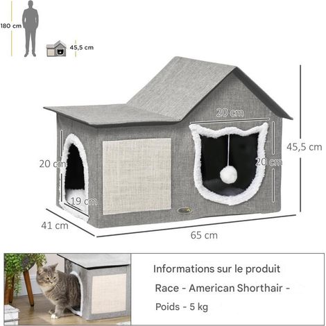 Maison chat avec griffoir balle jeu et niche 65x41x45,5cm marron blanc beige (1/5)