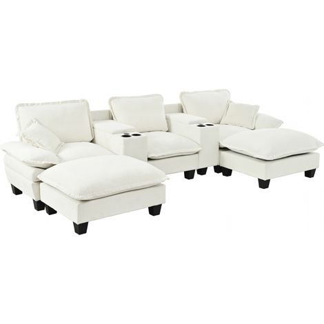 U-Module Sofa in beigem Chenille mit USB, Becherhalter und Stauraum (1/5)