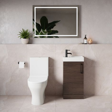 Napoli Cube Brown Oak 400mm Single Door Vanity Unit and Jubilee Toilet Suite with Align Basin - 400mm - Matt Black 160mm Handle