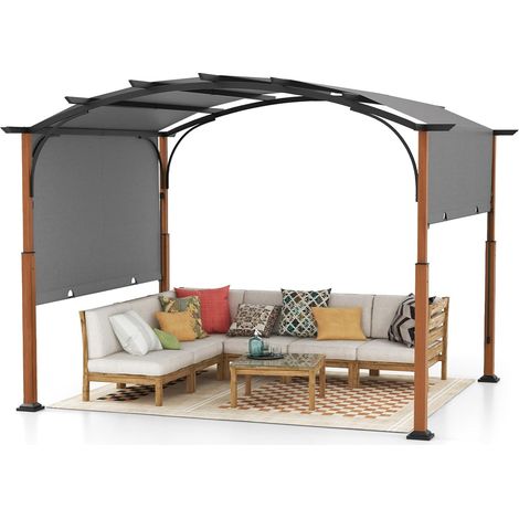Costway – Pergola rétractable 300 x 360 cm – Structure métallique arquée – Auvent en polyester ignifuge – Fixation au sol avec clous inclus