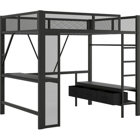 Cama alta metálica 140 x 200 cm negra con USB, LED, escritorio, almacenamiento abierto y 3 cajones (1/5)