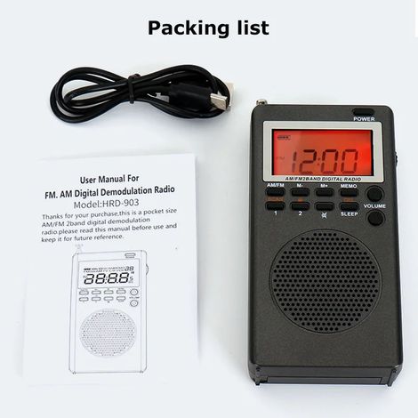 Radio FM/AM (noire) - Portable - Haut-parleur intégré - Écran HD rétroéclairé - Réveil - Minuterie de sommeil (1/5)