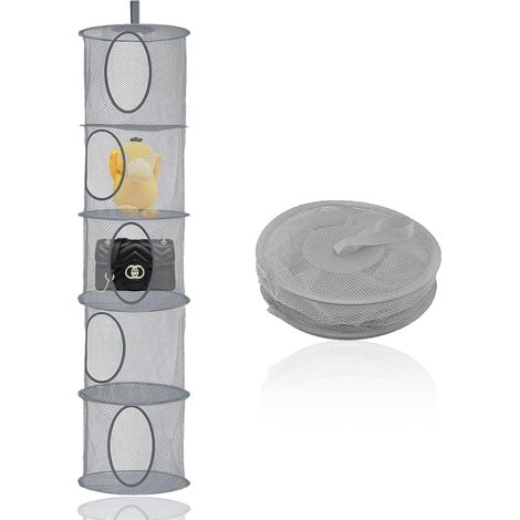 Filet de Rangement 5 Niveaux pour Peluches et Jouets - Organisateur Suspendu Pliable - Gris - Idéal pour Chambre d'enfant et Rangement Vêtements (1/5)