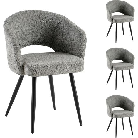 M&S – Lot de 4 chaises repas en tissu bouclette gris – Pieds en métal noir – Dimensions 58x53x81 cm – Confort d'assise optimal